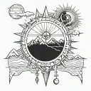 sun and compass with mountains tattoo design idea