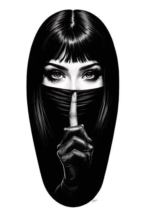 Realistic woman, eyes hidden, finger to lips in 'shh' pose, mysterious and magical aura tattoo design idea
