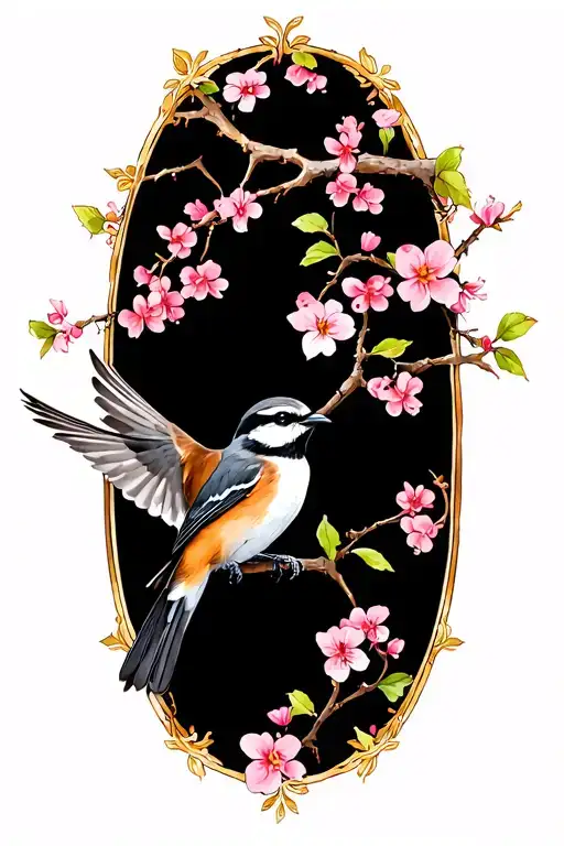 shrike bird flying towards a Hawthorne branch with flowers tattoo design idea