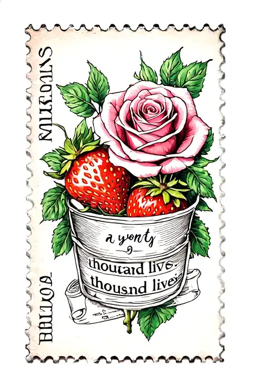 fine line tattoo featuring a postage stamp with roses and strawberries inside and the words "a thousand lives" tattoo design idea