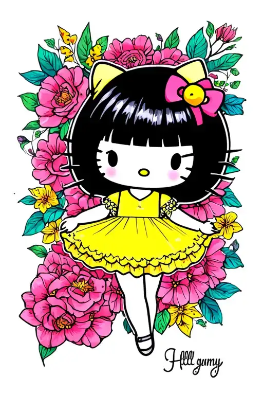 hello kitty emo black hair in yellow sundress tattoo design idea