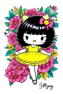 hello kitty emo black hair in yellow sundress tattoo design idea