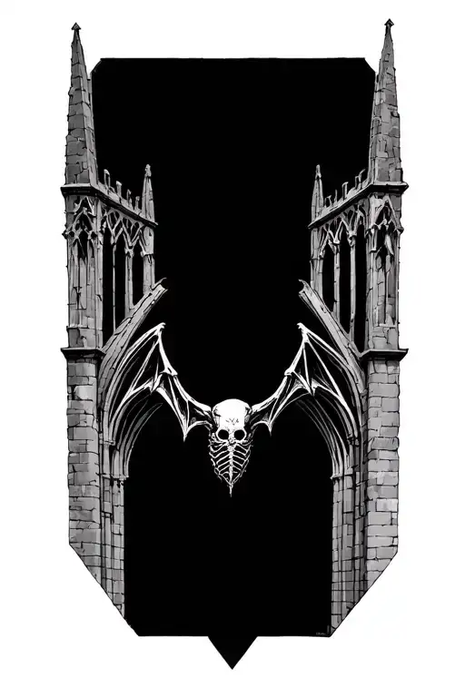 Highly detailed gothic cathedral, with a hidden undead bat subtly built into the stonework, part skeletal with bones sho tattoo design idea