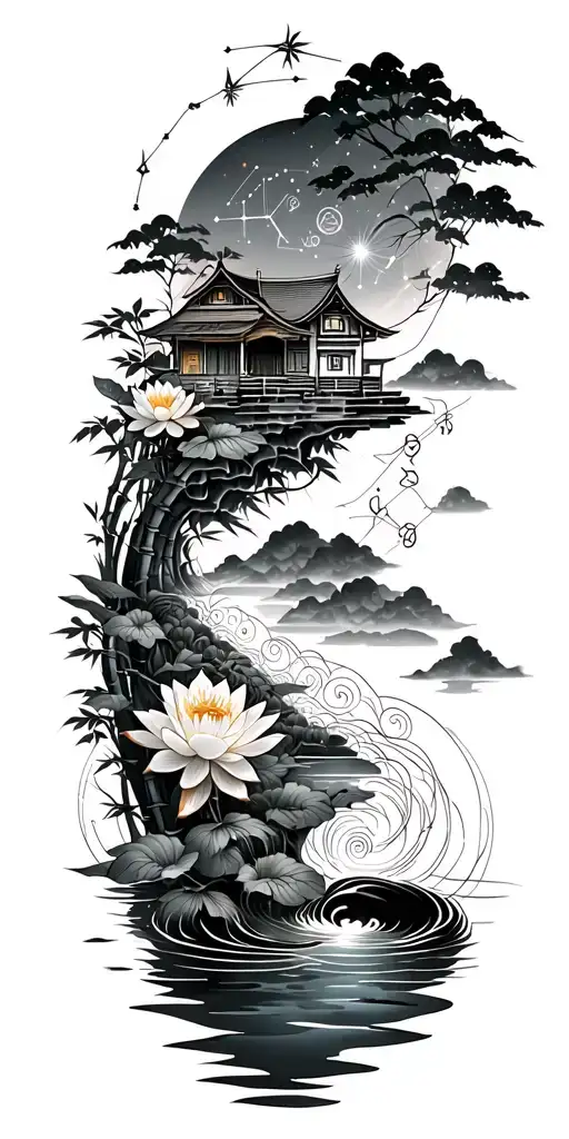 path of enlightenment along sleeve from wrist to shoulder. lotus, water, constellation, koi, bamboo, small house tattoo design idea