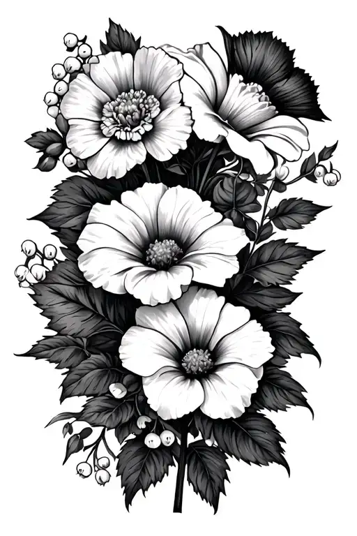 2 carnations 1 daffodil 2 Daisy 1 hawthorn 2 lily of the valley 1 rose 1 morning glory add vines tattoo design idea