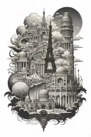 black and white cartoon photomontage of CN Tower, Taj Mahal, Eiffel Tower, colosseum, great wall of china, sydney opera  tattoo design idea