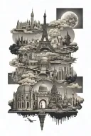 black and white cartoon photomontage of CN Tower, Taj Mahal, Eiffel Tower, colosseum, great wall of china, sydney opera  tattoo design idea