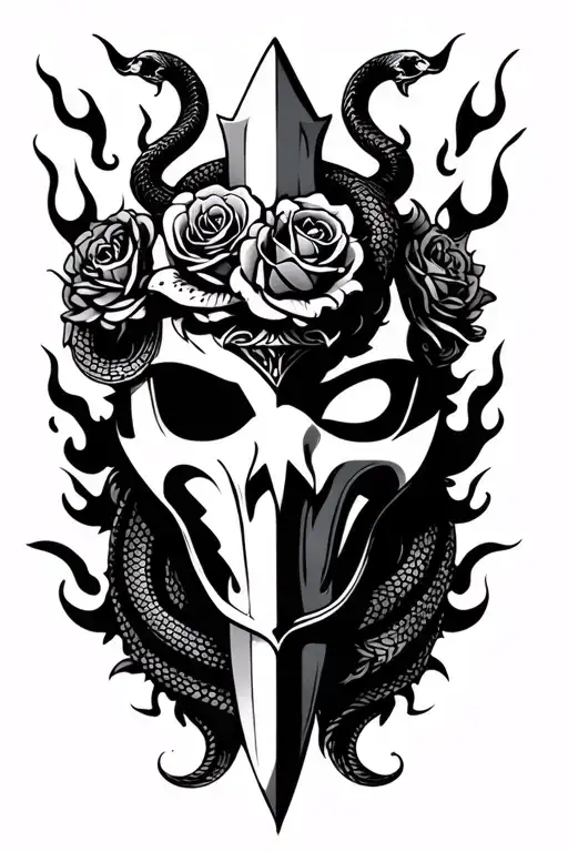 omni mask with snake dagger lions roses flames tattoo design idea