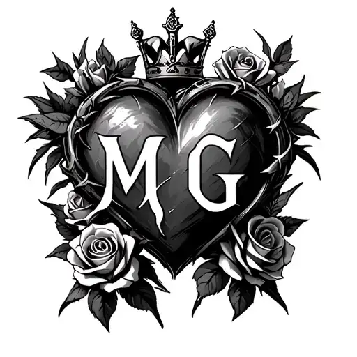 "M G" heart intertwined with roses and thorns with a crown and Gothic letters tattoo design idea