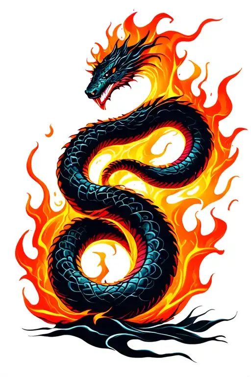 A vivid illustration of a fiery serpent coiling in a dark, mystical landscape. The serpent is composed entirely of flame tattoo design idea