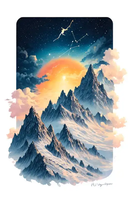 3 mountain tops with Leo Virgo and Sagittarius constellation above tattoo design idea