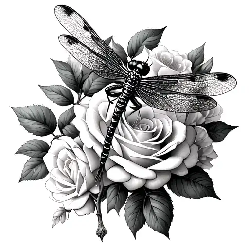 gothic small dragonfly sat on roses and cherry blossom tree tattoo design idea