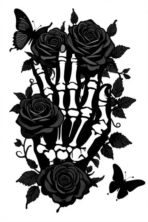 half a skeleton hand with roses and butterflies around it  tattoo design idea