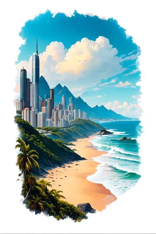 Mountain and city skyline and beach scene tattoo design idea