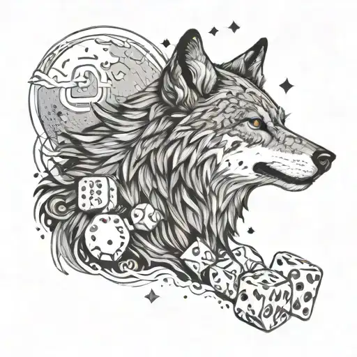 A wolf howling at the moon, with subtle gambling elements like dice and cards scattered around, in dotwork style tattoo design idea