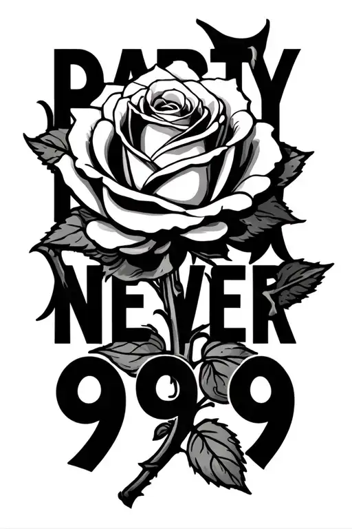 a rose with the words party never ends as the stem and 999 behind the stem tattoo design idea