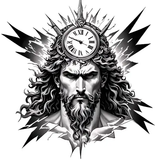 half sleeve poseidon face with lightning across, and a broken roman numeral clock above his head tattoo design idea