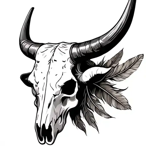 longhorn bull skull head with feathers ahanging from the horns tattoo design idea