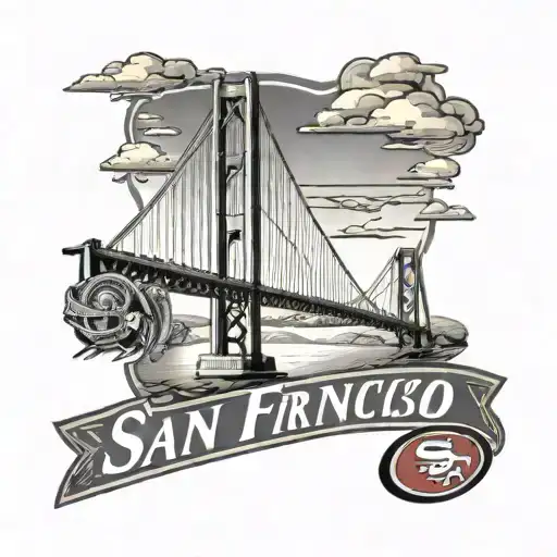 San Francisco 49ers logo with goldengate bridge ove lake looking tattoo design idea