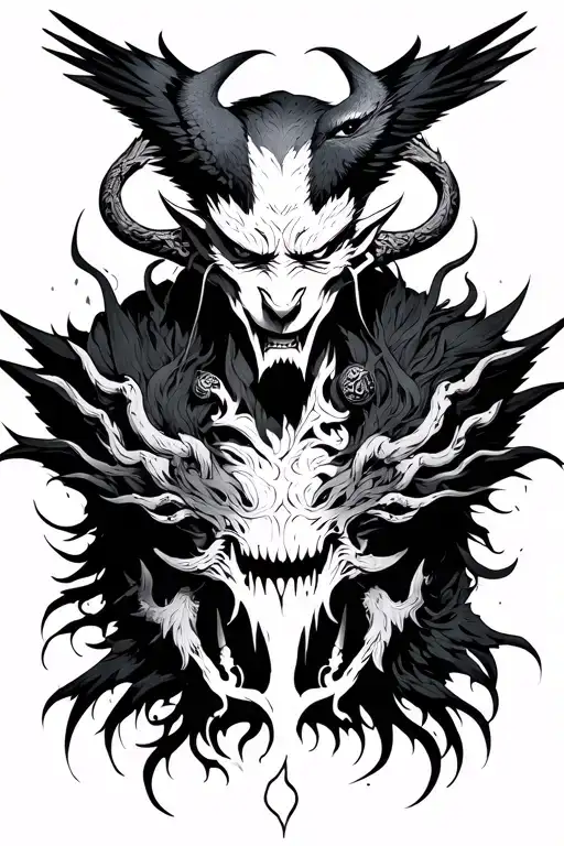 Japanese demon in the cseñoo, tattoo of line, crows of hatred to the sides, tear of Lucifer below, genic shapes tattoo design idea