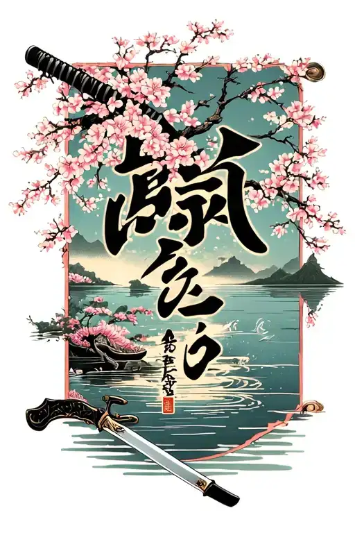 kaizen kanji with katana and Sakura blossom tree at a lake tattoo design idea