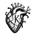 heart with veins with a letter K in the middle, realistic tattoo design idea