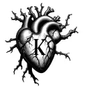 heart with veins with a letter K in the middle, realistic tattoo design idea