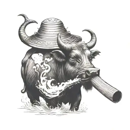 Vietnamese water buffalo with plow pipe smoke forming the shape tattoo design idea