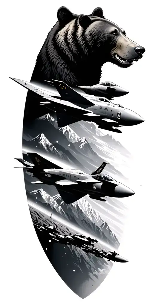 f-35, satellite orbit, mountains, bear, tattoo design idea