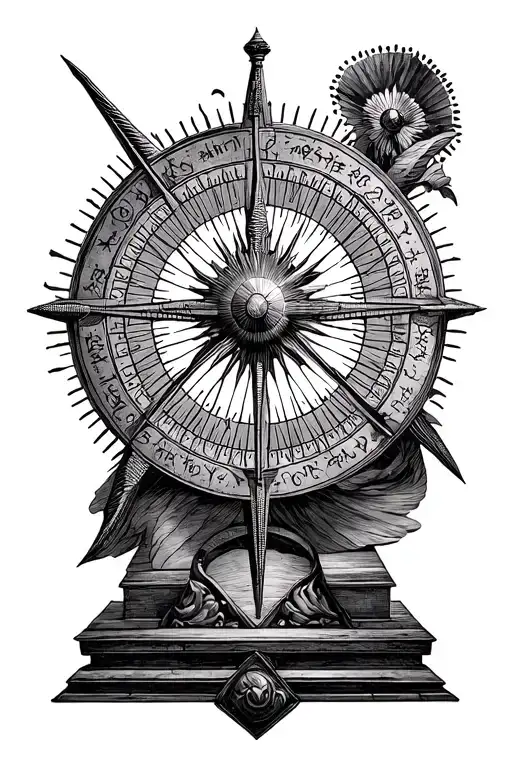 A black-and-white pencil-style drawing with narrow, precise lines. The central element is a detailed sundial, symbolizin tattoo design idea