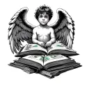 angel wings surrounded young boy. fullmoon. open book. money stack broken heart. ocean waves tattoo design idea