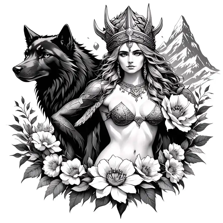 Viking Athena sexy goddess surrounded by poeny flowers and black wolf with mountains  tattoo design idea