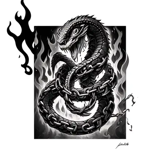 Full sleeve tattoo, black & grey realism, high contrast. Dark serpent wrapping upper arm, broken chains and fire mid arm tattoo design idea