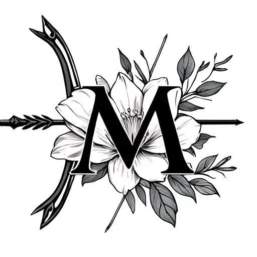 bow arrow flower the letter M and sagittarius theme tattoo design idea
