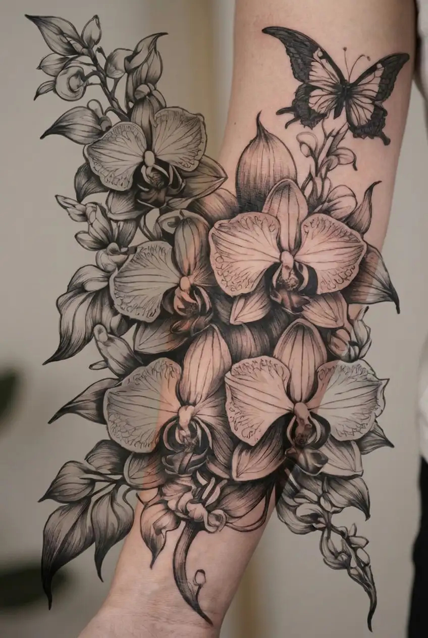 Half-sleeve tattoo with orchid, violet, primrose, honeysuckle, daffodil, and jonquil flowers, running from the shoulder  tattoo design idea