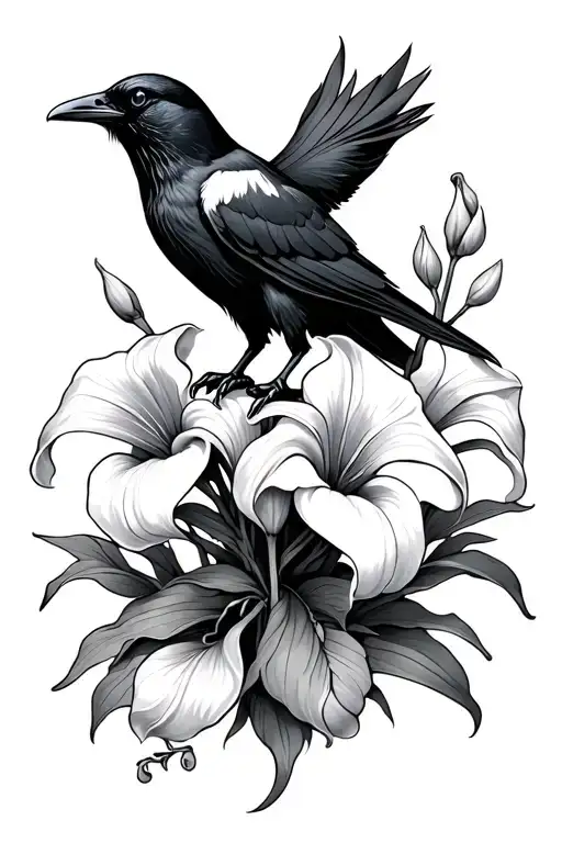 crow and cat paws with calla lilies intertwined tattoo design idea