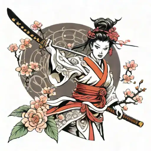 samurai woman with sakura full length tattoo design idea