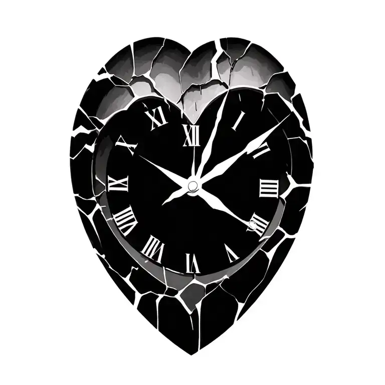 shattered heart shaped clock tattoo design idea