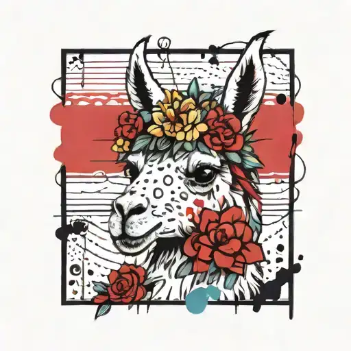 colorful llama with flower crown knitting a blanket tattoo design idea