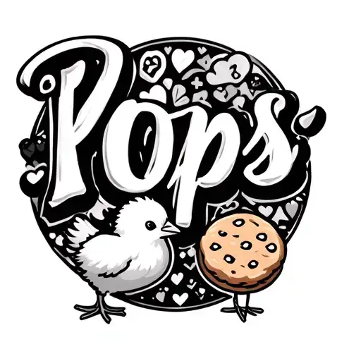 text "Pops" + chick + cookie on my chest to think about my fiancee tattoo design idea
