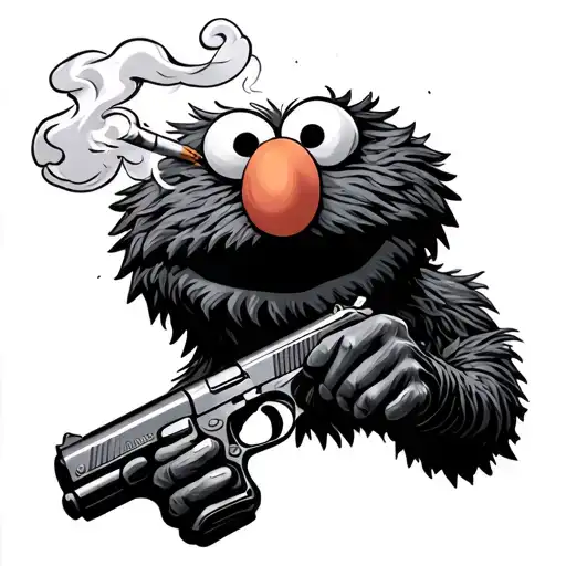 elmo smoking a blunt holding a gun tattoo design idea