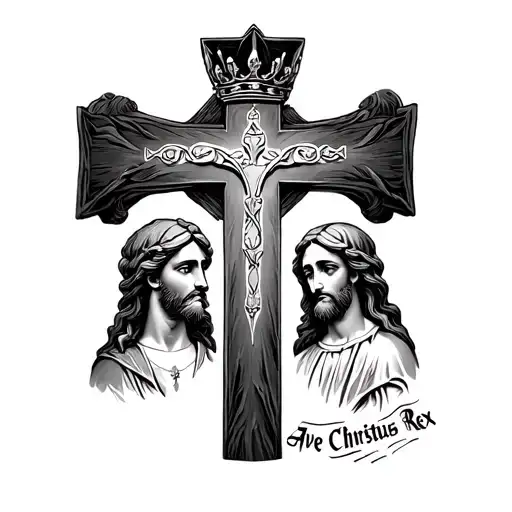 Catholic cross, writing "Ave Christus Rex", Face Christ and Marie looking at the Cross, Crown of Lys tattoo design idea