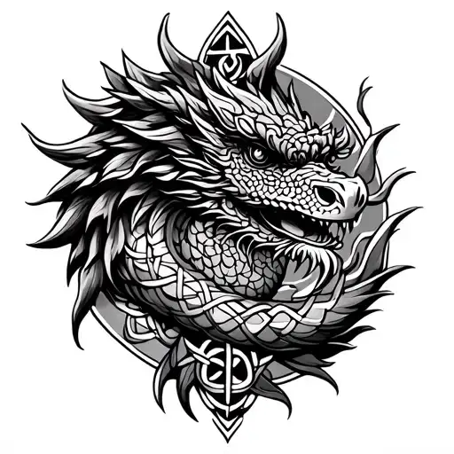 quetzalcoatl seperate from the celtic dragon in the same tatoo with both celtic and aztec symbols surounding them tattoo design idea