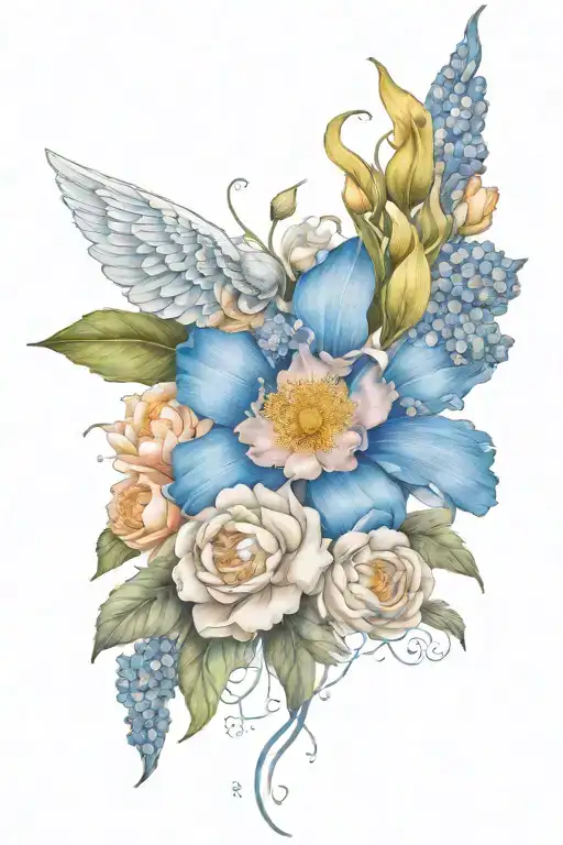 Angel wings surrounded by larkspur and peony flowers tattoo design idea