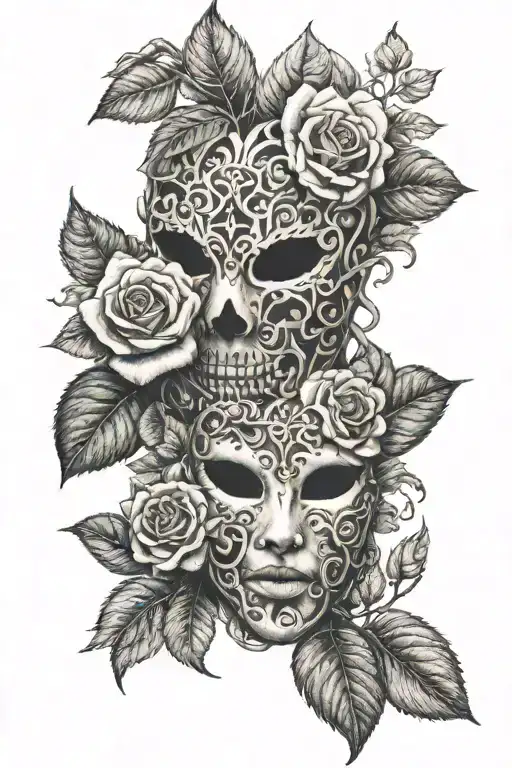 rose , mask , tree fire tattoo design idea