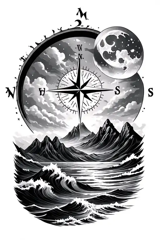 Men's calf tattoo. Compass tattoo with mountains and ocean waves. Camping, Family, Eerie, moon, sky, slightly hidden ini tattoo design idea