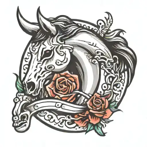 horse shoe with bull skull inside tattoo design idea