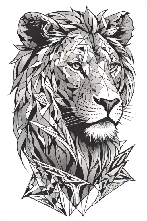 a lion's head looking forward with claws outstretched and wrapping around four different geometric shapes tattoo design idea