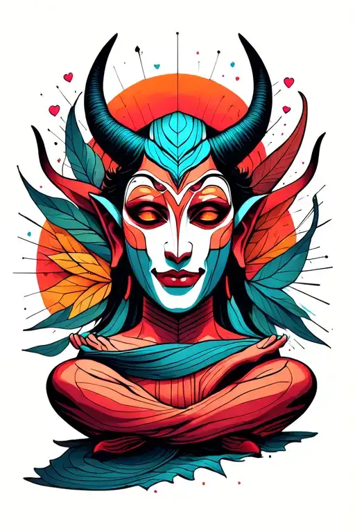 "Love " "Love " buda half meditating devil face emerging sci fi culture tattoo design idea