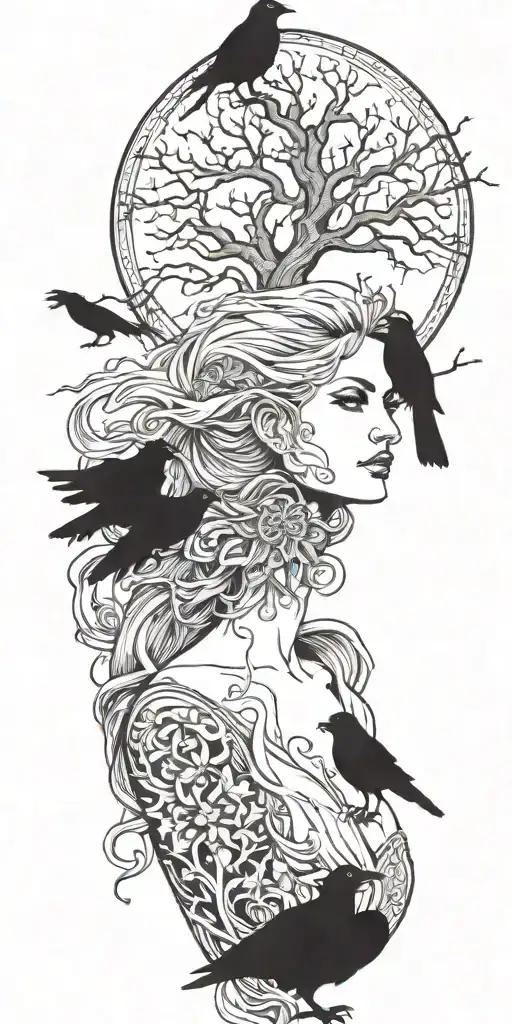 the morrigan Irish goddess with crows an old oak tree growing tattoo design idea